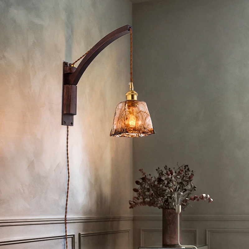 Traditional Japanese Walnut Glass Ceramic Conic Prism 1-Light Wall Sconce Lamp For Bedside