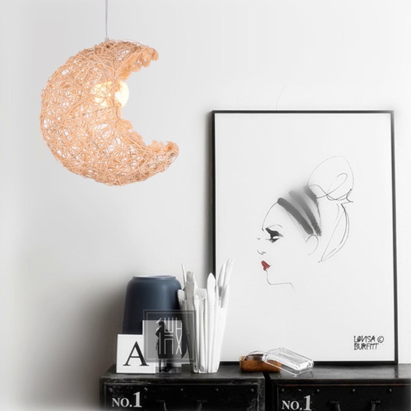 Traditional Japanese Weaving Bamboo Rattan Moon 1-Light Pendant Light For Dining Room