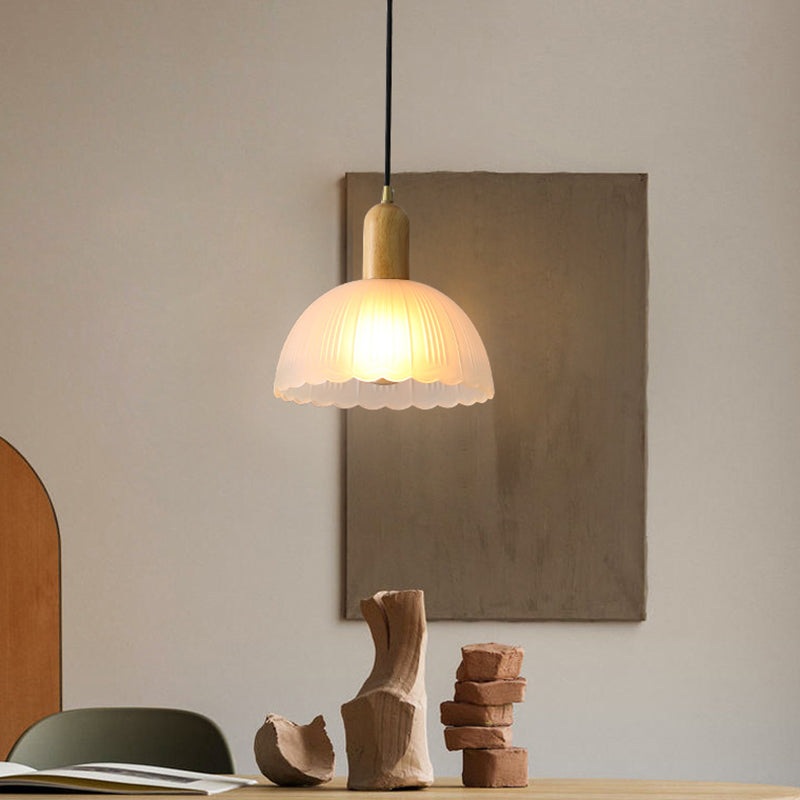 Traditional Japanese Wood Brass Glass Hemispheroid Flower 1-Light Pendant Light For Dining Room