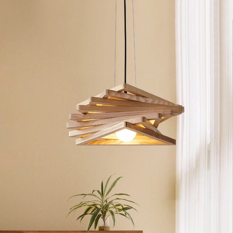 Traditional Japanese Wood Triangle Splicing Swirl 1-Light Pendant Light For Dining Room
