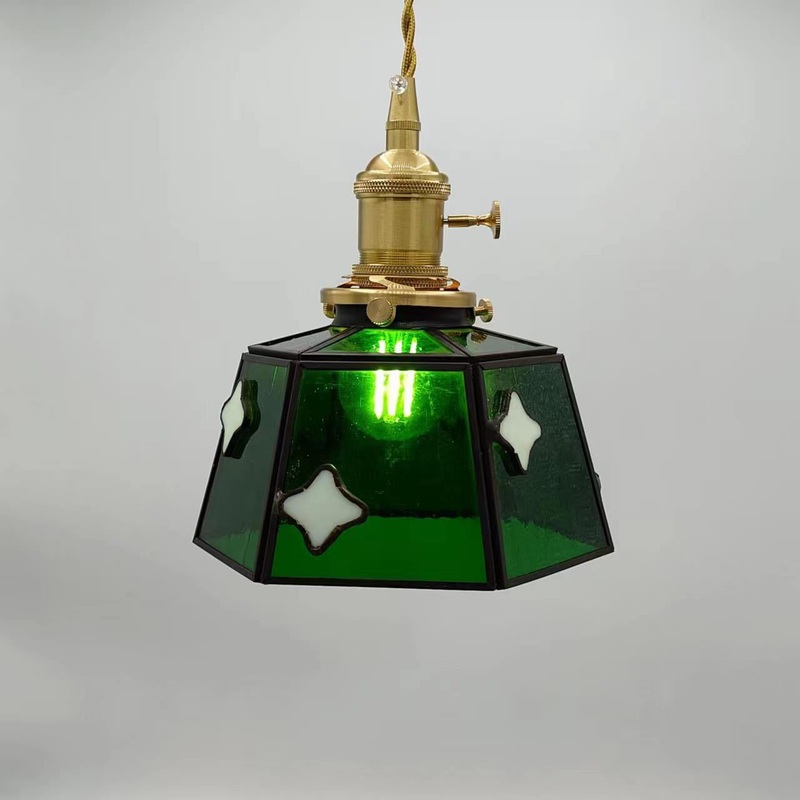 Traditional Vintage Brass Glass Cylinder Quadripartite Horn Lattice 1-Light Pendant Light For Dining Room