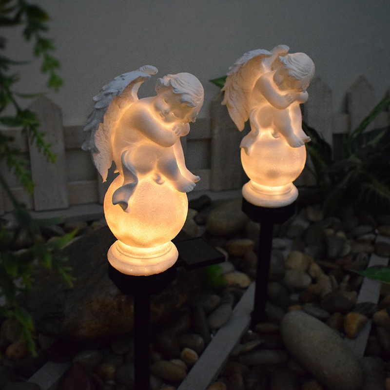 Traditional Vintage Solar Waterproof Angel Plastic Resin LED Outdoor Ground Plug Light For Garden