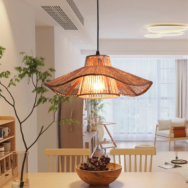 Traditional Vintage Weaving Iron Paper Rope Hat Cylinder 1-Light Pendant Light For Dining Room