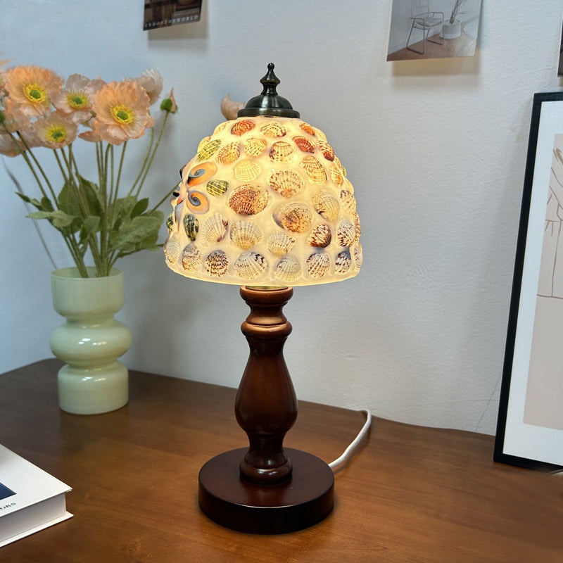Traditional Vintage Wood Glass Hemispheroid Shell Lozenge 1-Light Table Lamp For Bedside