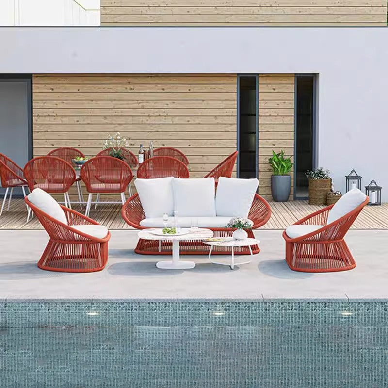 Contemporary Boho Waterproof Weaving Rattan Rope Sponge Aluminum Alloy Slab Round Elliptical Outdoor Coffee Table & Chair Set For Outdoor Patio