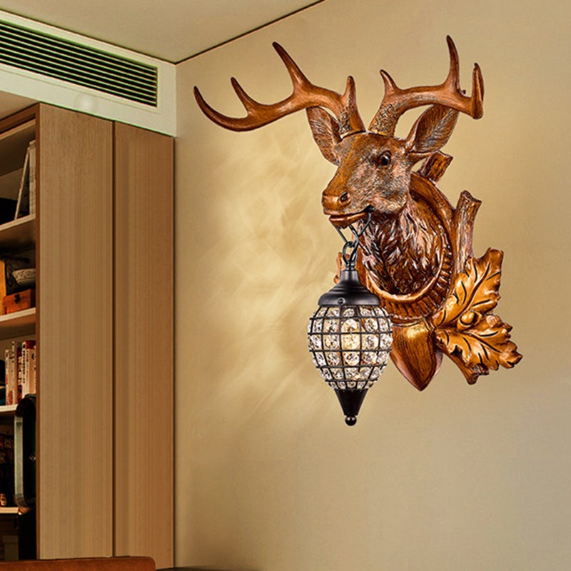 Contemporary Creative Deer Antler Iron Resin Frame Crystal Shade 1-Light Wall Sconce Lamp For Living Room