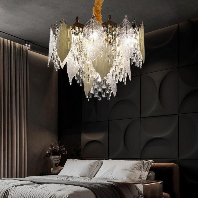 Contemporary Luxury Leaf Crystal Glass Iron Ceramic 9/15/16 Light Chandelier For Living Room