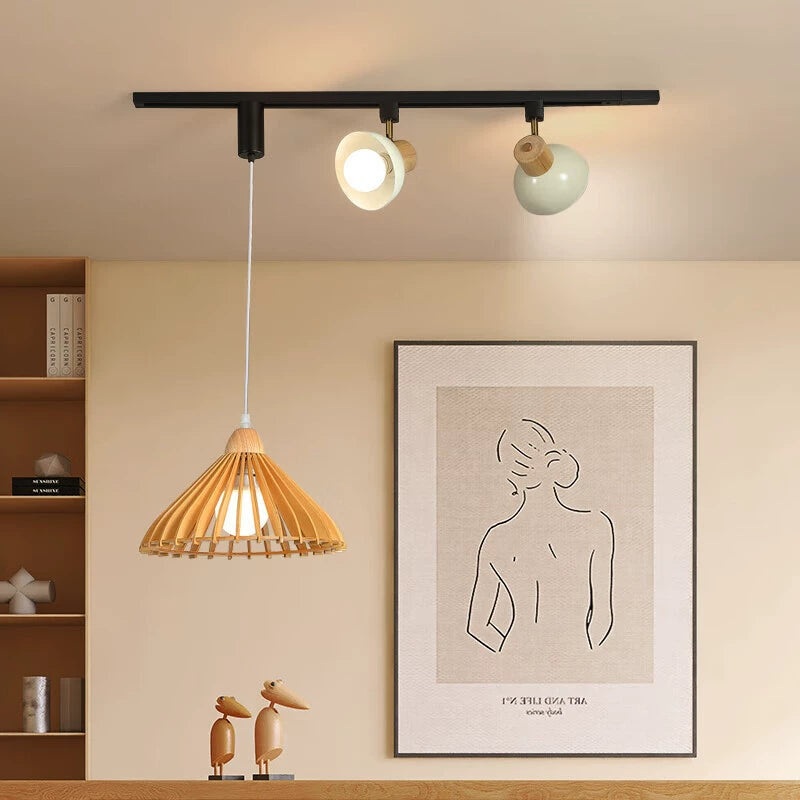 Contemporary Retro Rubber Wood Basswood Iron PVC Conic Bowl Pumpkin 3-Light Pendant Light Track Lighting For Dining Room