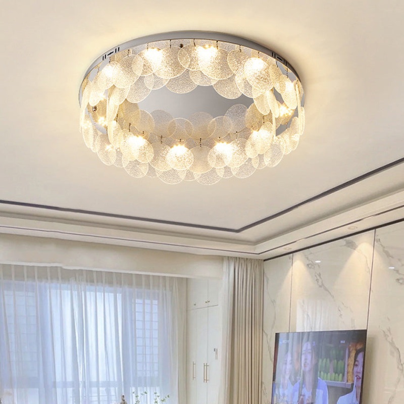 Modern Art Deco Stainless Steel Glass Round Frosted Sheet LED Flush Mount Ceiling Light For Bedroom