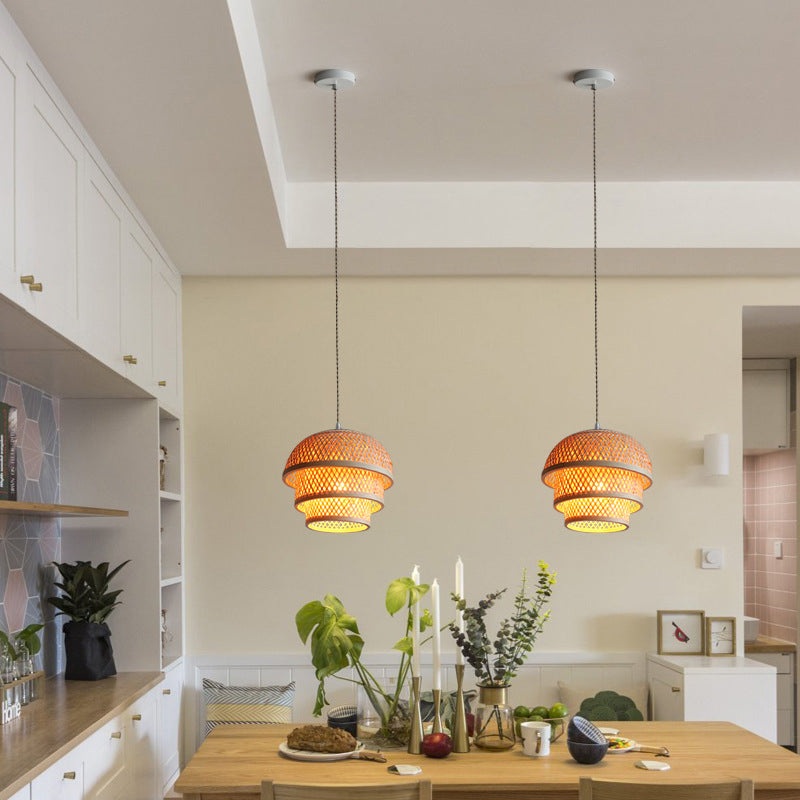Traditional Chinese Bamboo Woven Cylinder 1-Light Pendant Light For Dining Room