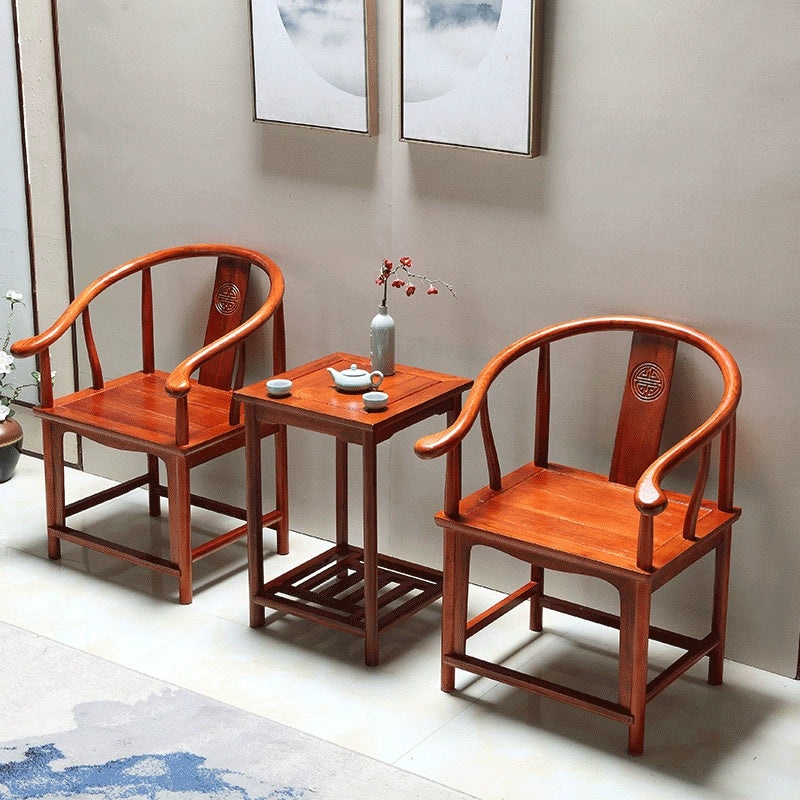 Traditional Chinese Solid Wood Square Carved Coffee Table & Chair Set For Living Room