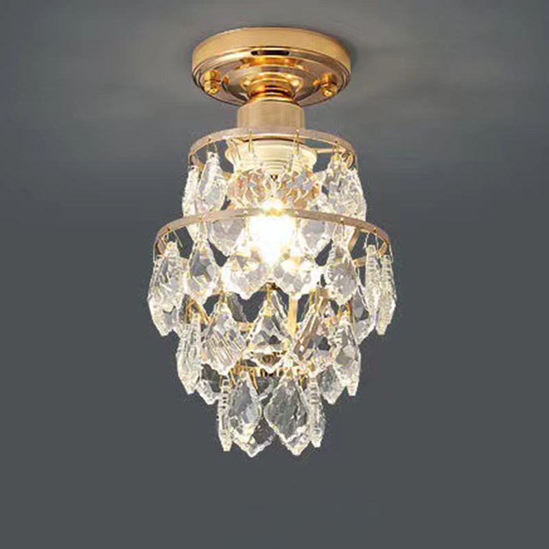 Traditional European Round Metal Frame Crystal Shade 1-Light Semi-Flush Mount Ceiling Light For Hallway