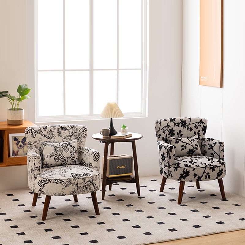 Traditional French Flower Patterned Fabric Upholstered Solid Wood Accent Chair Backrest Armrest For Living Room