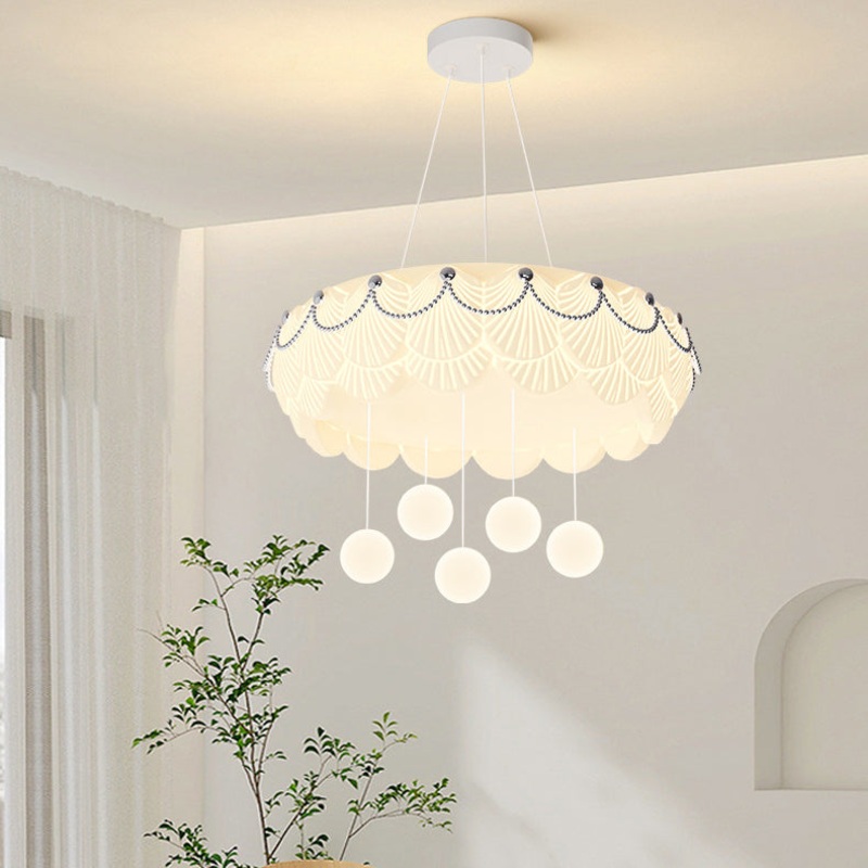 Traditional French PE Iron Round Shell Hanging Ball LED Chandeliers For Bedroom