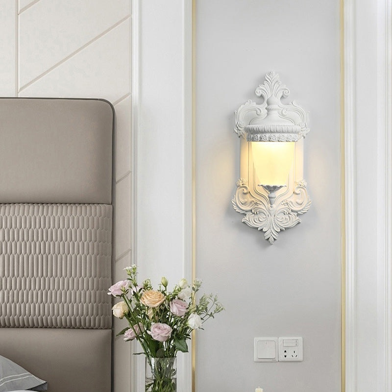 Traditional French Resin Hardware Glass Candlestick Shell Carved 1-Light Wall Sconce Lamp For Bedside