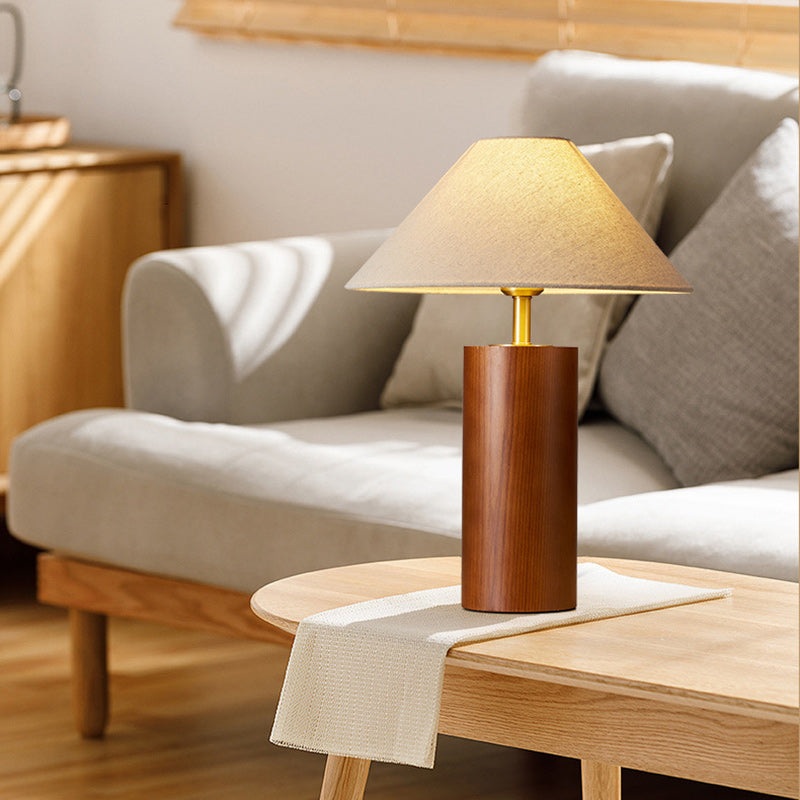 Traditional Japanese Cylindrical Trapezoidal Solid Wood Base Brass Frame Fabric Shade 1-Light Table Lamp For Bedroom