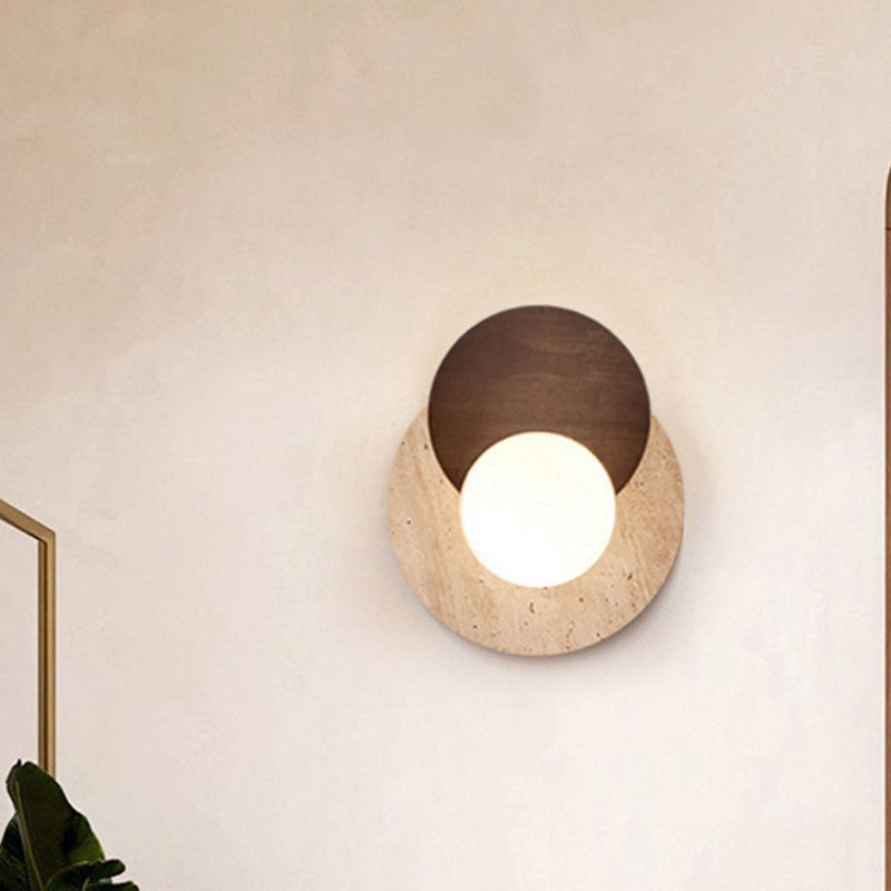 Traditional Japanese Double Round Orb Yellow Travertine Solid Wood Glass Shade 1-Light Wall Sconce Lamp For Living Room