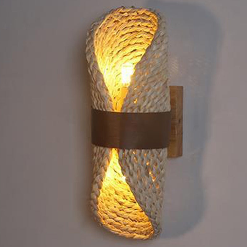 Traditional Japanese Oval Handmade Rattan 2-Light Wall Sconce Lamp For Living Room