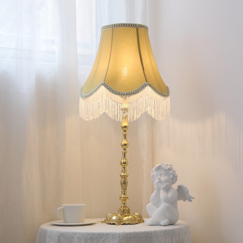 Traditional Vintage Copper Fabric Cylinder Fringed Trapezoid 1-Light Table Lamp For Bedroom