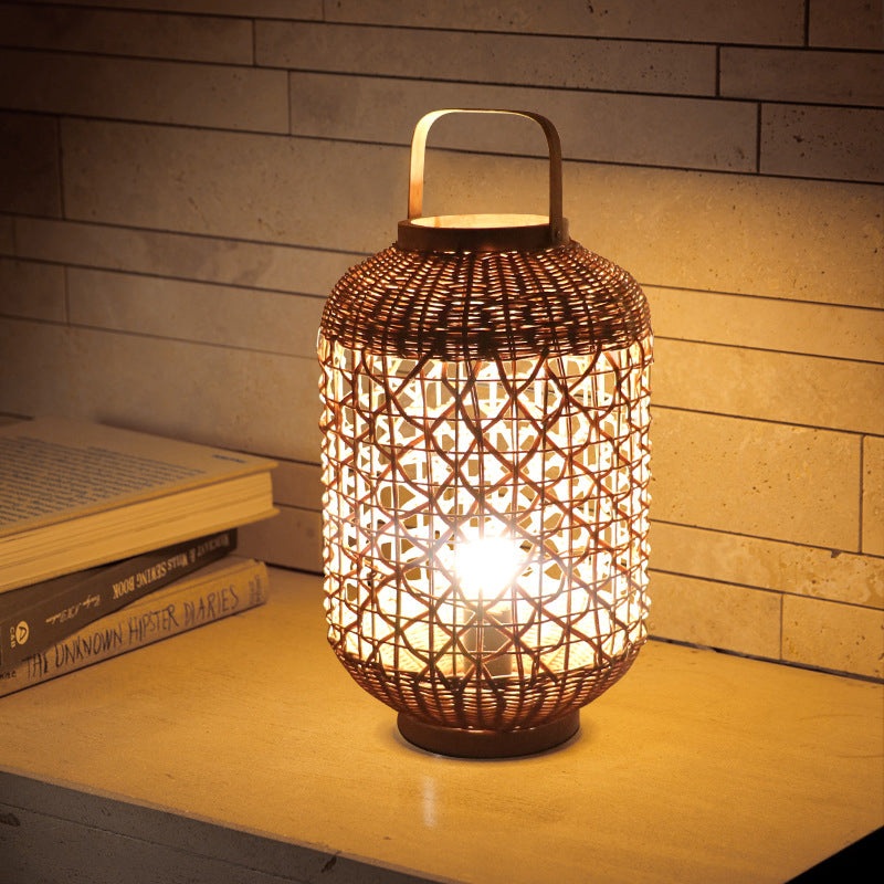 Traditional Vintage Cylinder Lantern Bamboo Rattan 1-Light Table Lamp For Living Room