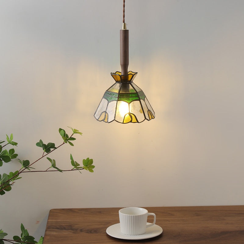 Traditional Vintage Flower Shape Wood Glass 1-Light Pendant Light For Living Room