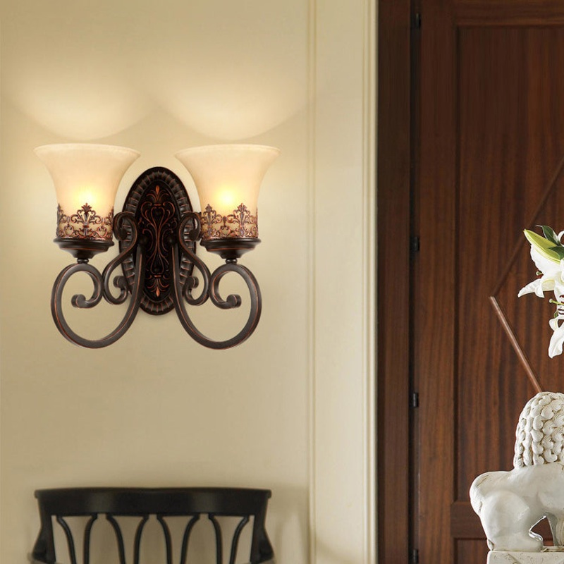 Traditional Vintage Round Glass Iron 1/2 Light Wall Sconce Lamp For Bedroom