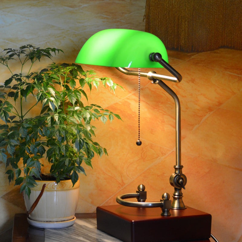 Traditional Vintage Square Green Shade Glass Solid Wood Iron 1-Light Table Lamp For Living Room