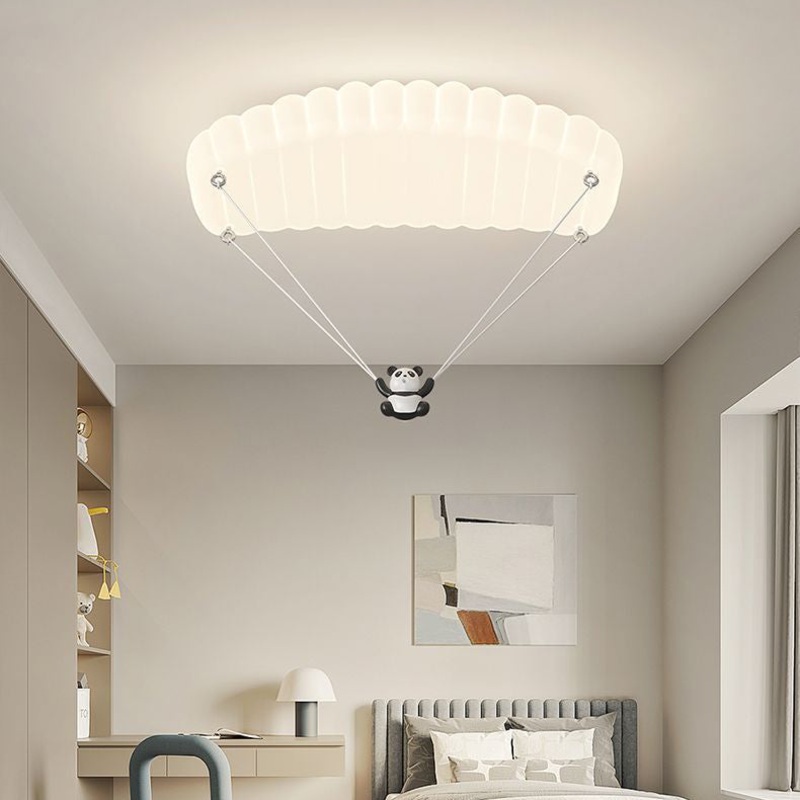 Contemporary Creative Cartoon Panda Parachute PE Iron LED Flush Mount Ceiling Light For Bedroom