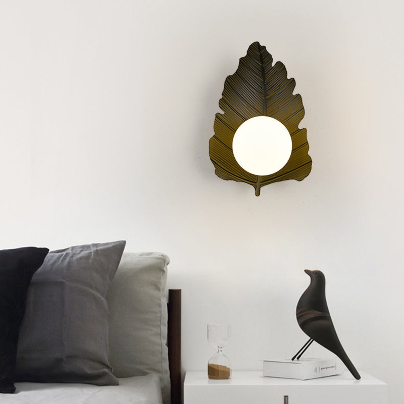 Contemporary Creative Iron Leaf Glass Orb Lampshade 1 - Light Wall Sconce Lamp For Living Room