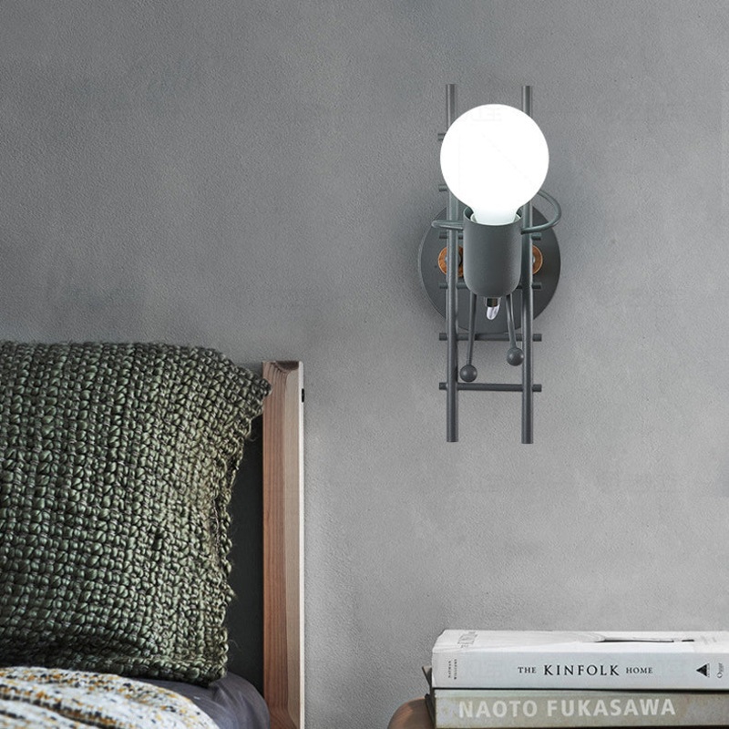 Contemporary Creative Little Man Climbing Stairs Iron Rubber Wood Lampshade 1 - Light Wall Sconce Lamp For Living Room