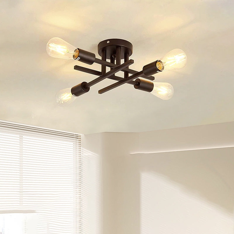 Contemporary Industrial Long Tube Iron 4-Light Semi-Flush Mount Ceiling Light For Bedroom