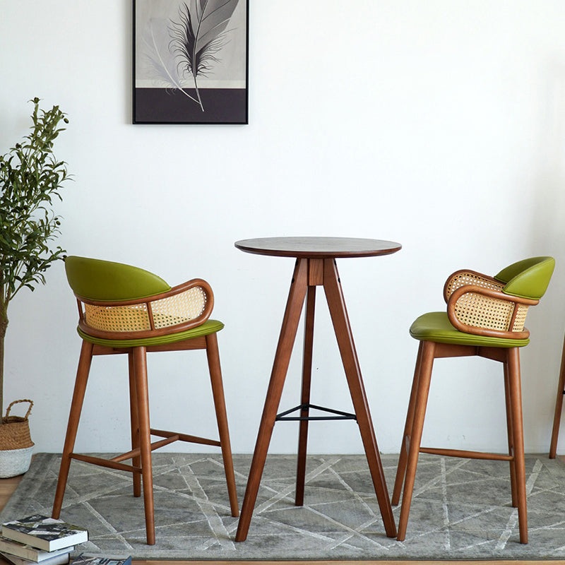 Contemporary Scandinavian Curved Half Round Curved Leather Ash Wood Rattan Bar Stool Backrest For Dining Room