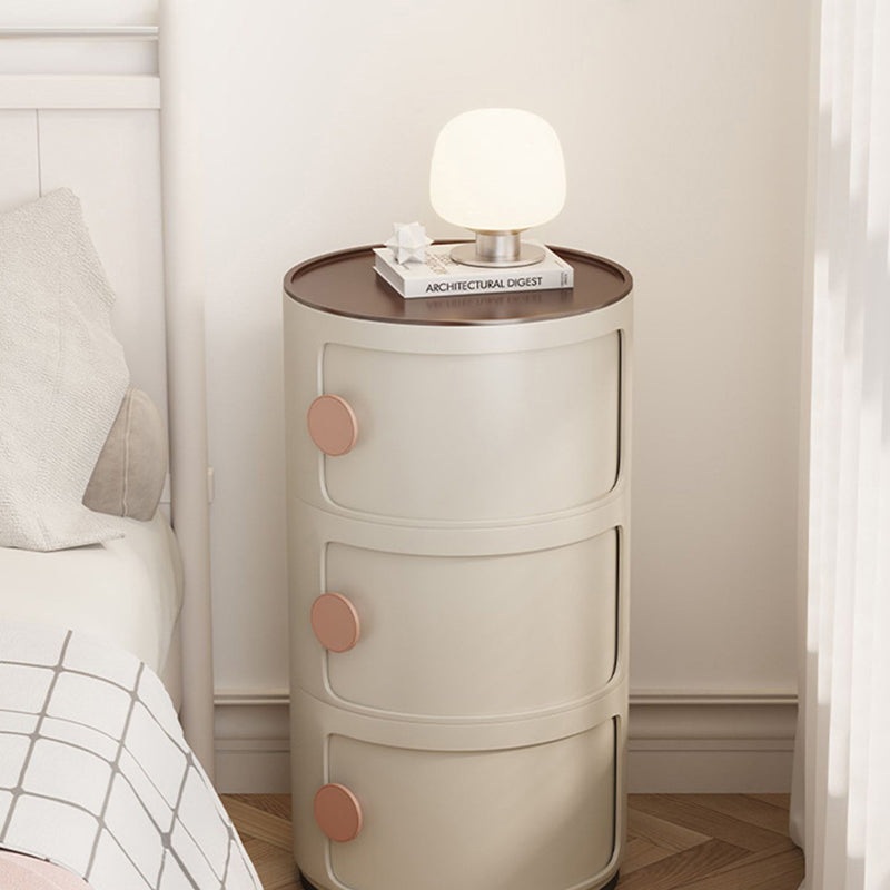 Contemporary Scandinavian Round Plastic Nightstand 3-Storage For Bedroom