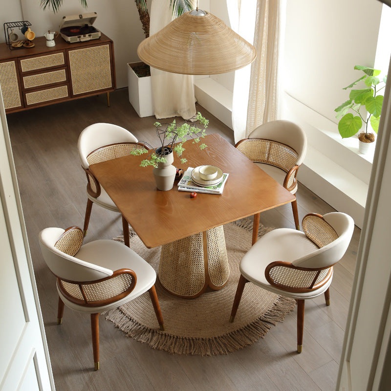 Contemporary Scandinavian U-shaped Curved Round Microfiber Leather Rattan Ash Wood Brass Dining Chair Backrest For Dining Room