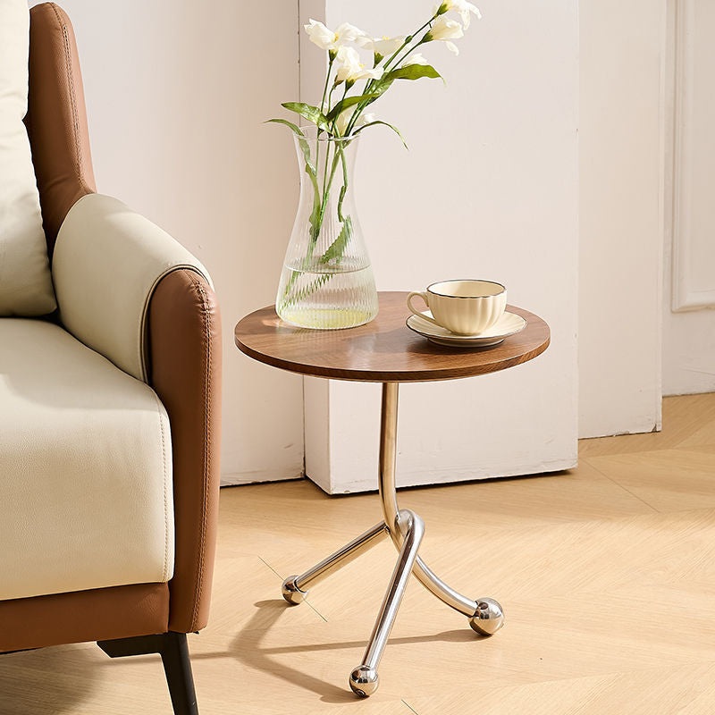 Contemporary Simplicity Curved Triangle Stainless Steel Base Rubber Wood Side Table 1 - Tier For Living Room