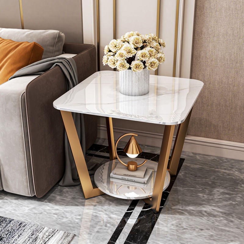 Contemporary Simplicity Square Sintered Stone Top Metal End Table 2-Tier For Living Room