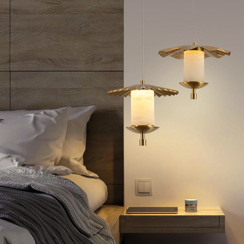 Modern Luxury Cylinder Umbrella Natural Marble Copper LED Pendant Light For Living Room