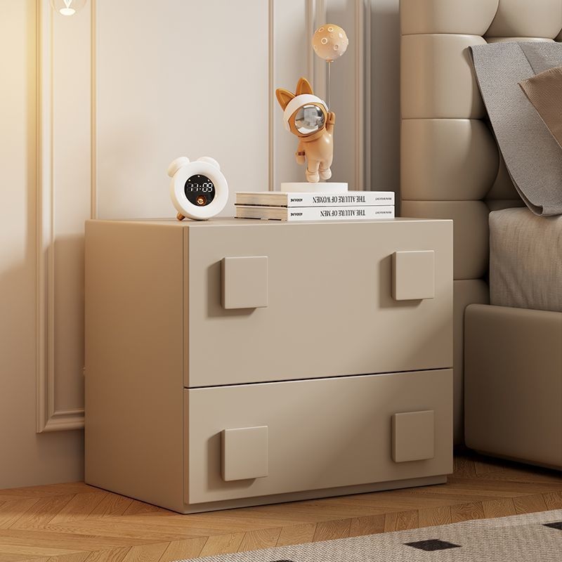 Modern Minimalist Cream Square Wood Nightstand 2-Drawer For Bedroom