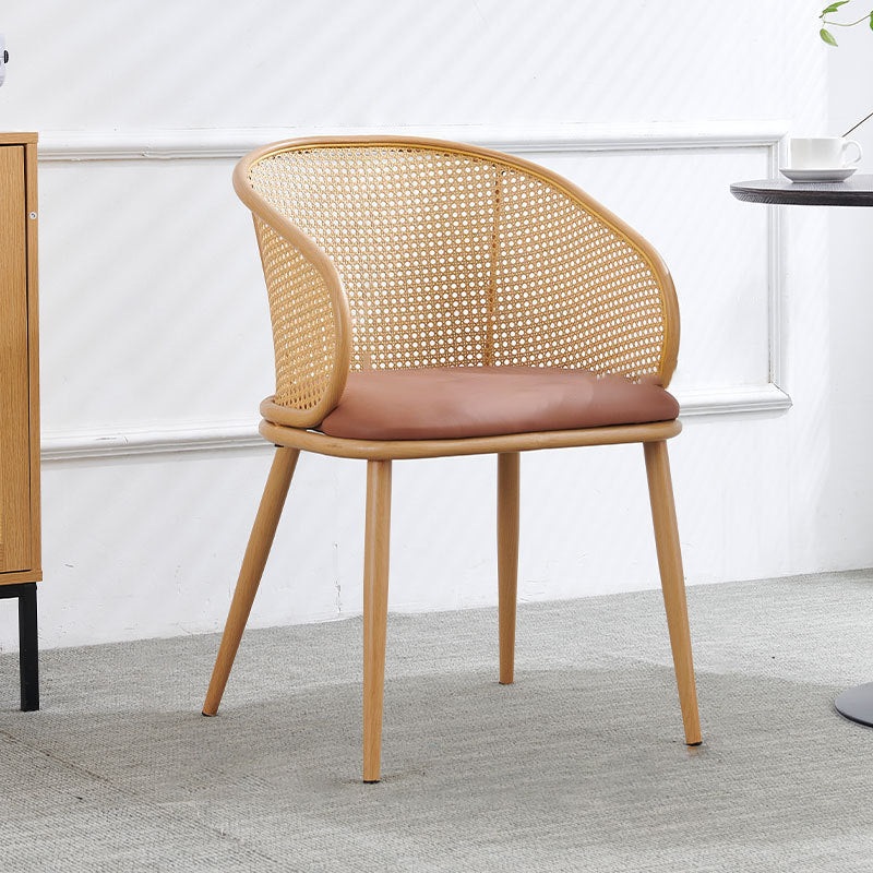 Modern Minimalist Half Bag U Shape Curved Leather Bamboo Rattan Wood Dining Chair Backrest Armrest For Dining Room