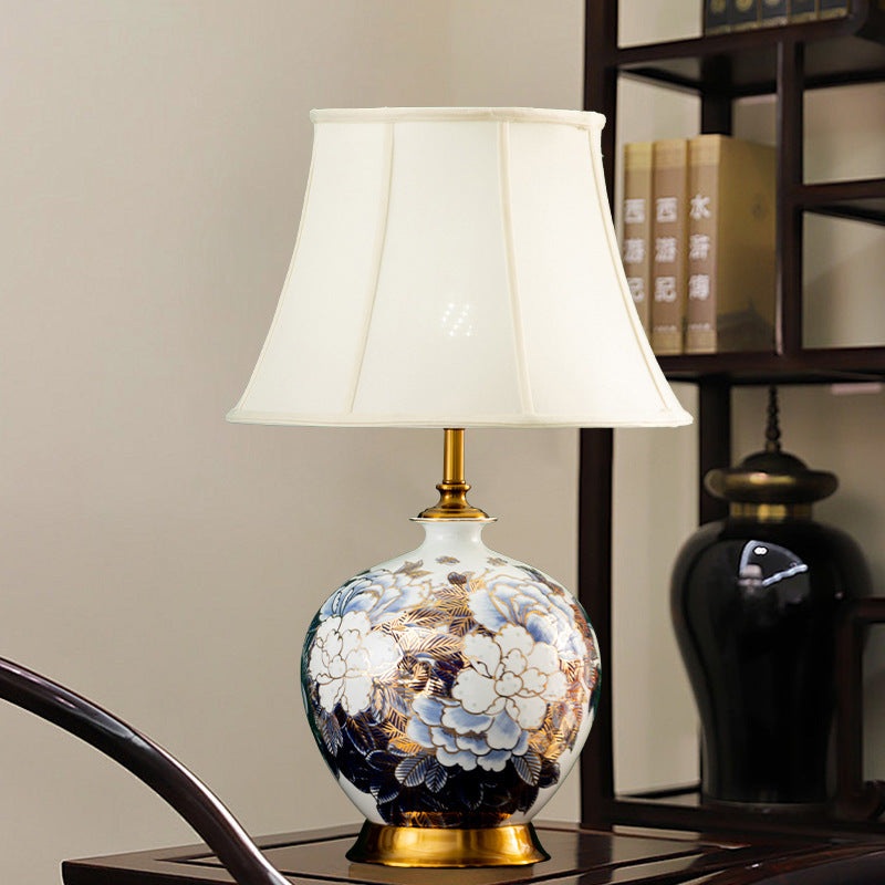 Traditional Chinese Ball Base Ceramic Metal Fabric 1-Light Table Lamp For Bedroom