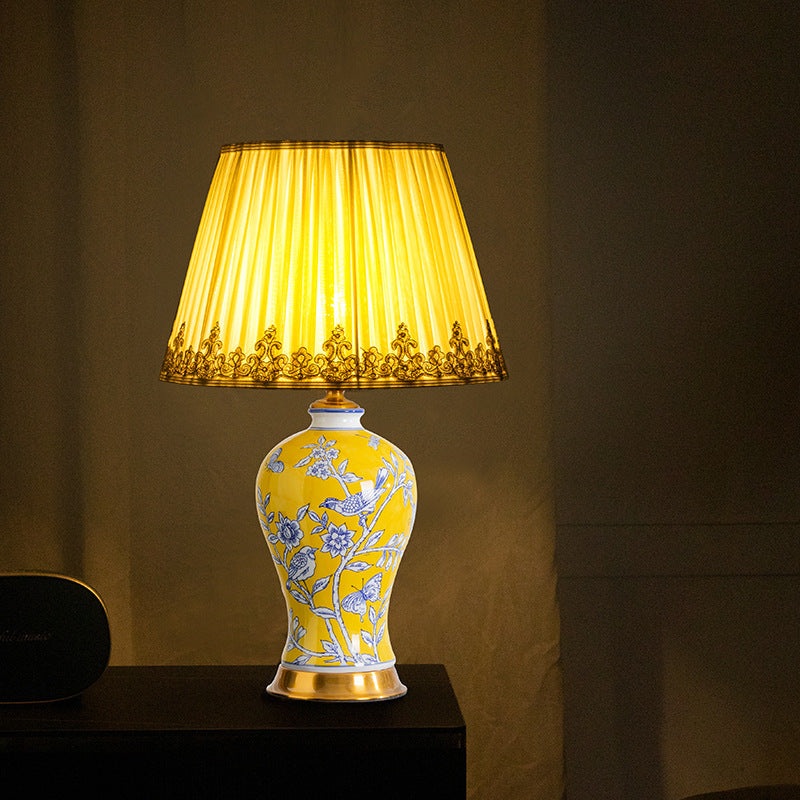 Traditional Chinese Frustum Cone Ceramic Metal Fabric 1-Light Table Lamp For Bedroom