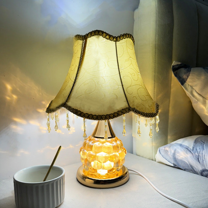 Traditional European Glass Base Fabric Tassel Shade 1-Light Table Lamp For Bedroom