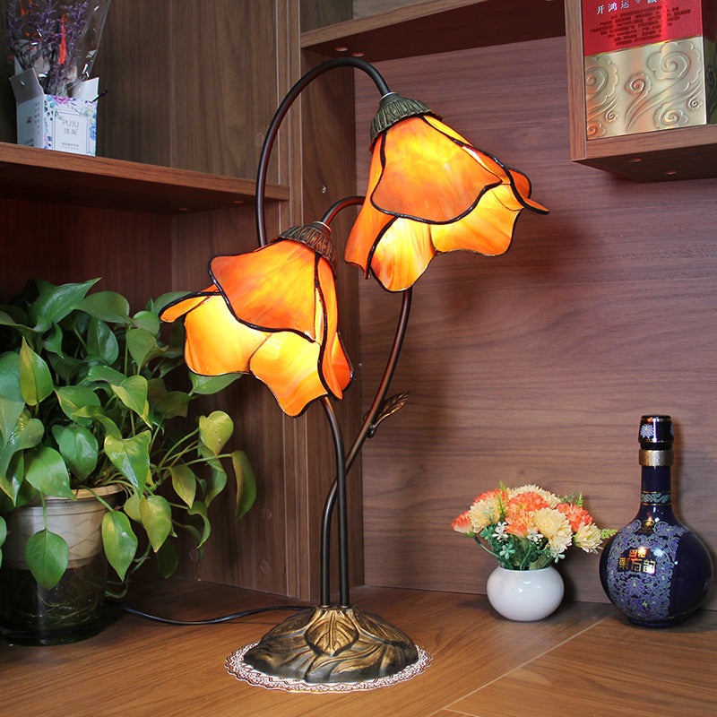 Traditional European Lotus Glass Shade Resin Base 2-Light Table Lamp For Bedroom