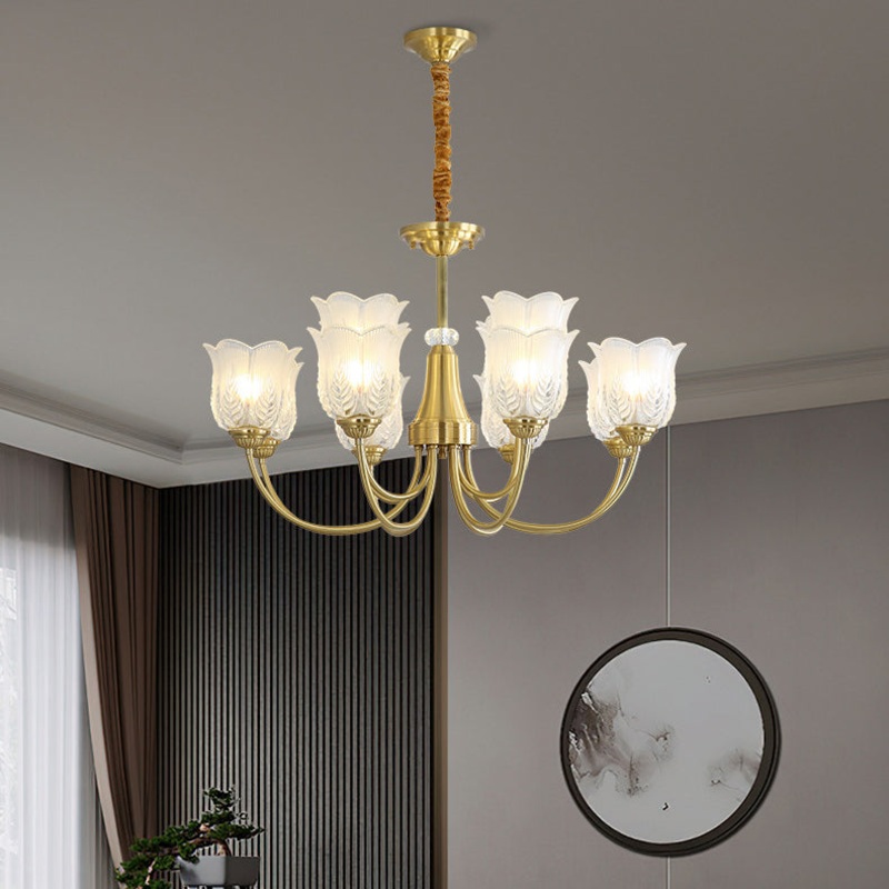 Traditional French Brass Glass Crystal Floral Bud 6/8/10/12 Light Chandeliers For Living Room