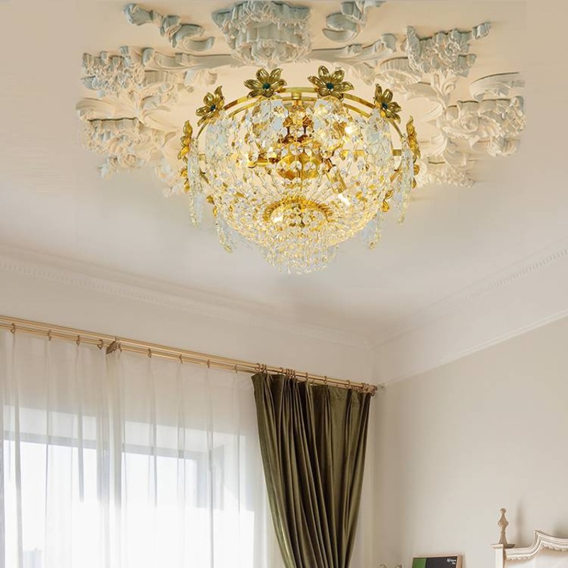 Traditional French Dome Copper Crystal 4-Light Flush Mount Ceiling Light For Living Room