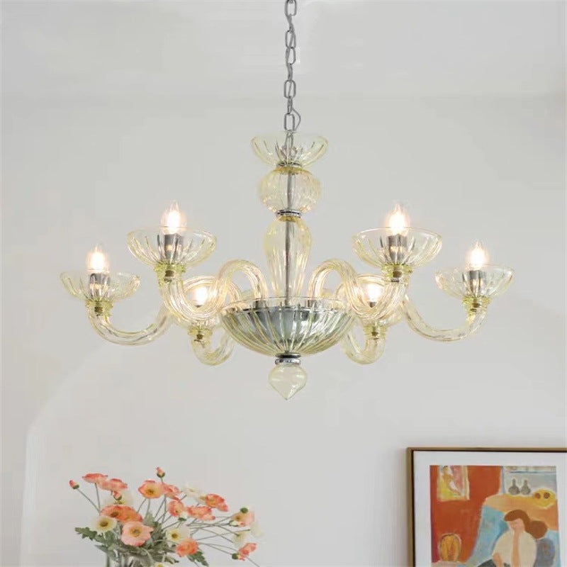 Traditional French Round Curved Iron Glass 6-Light Chandelier For Living Room
