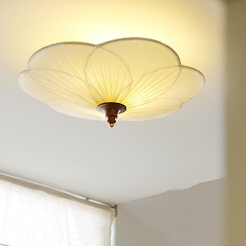 Traditional French Wood Hardware Plum Blossom Fabric Shade 3-Light Semi-Flush Mount Ceiling Light For Living Room