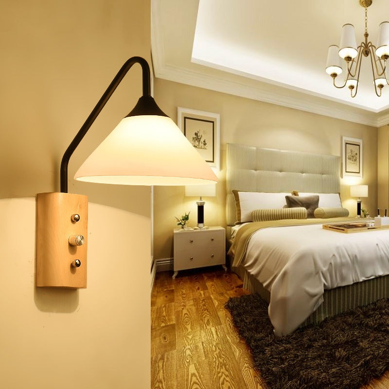 Traditional Japanese Cone Glass Lampshade Solid Wood Iron 1 - Light Wall Sconce Lamp For Bedroom