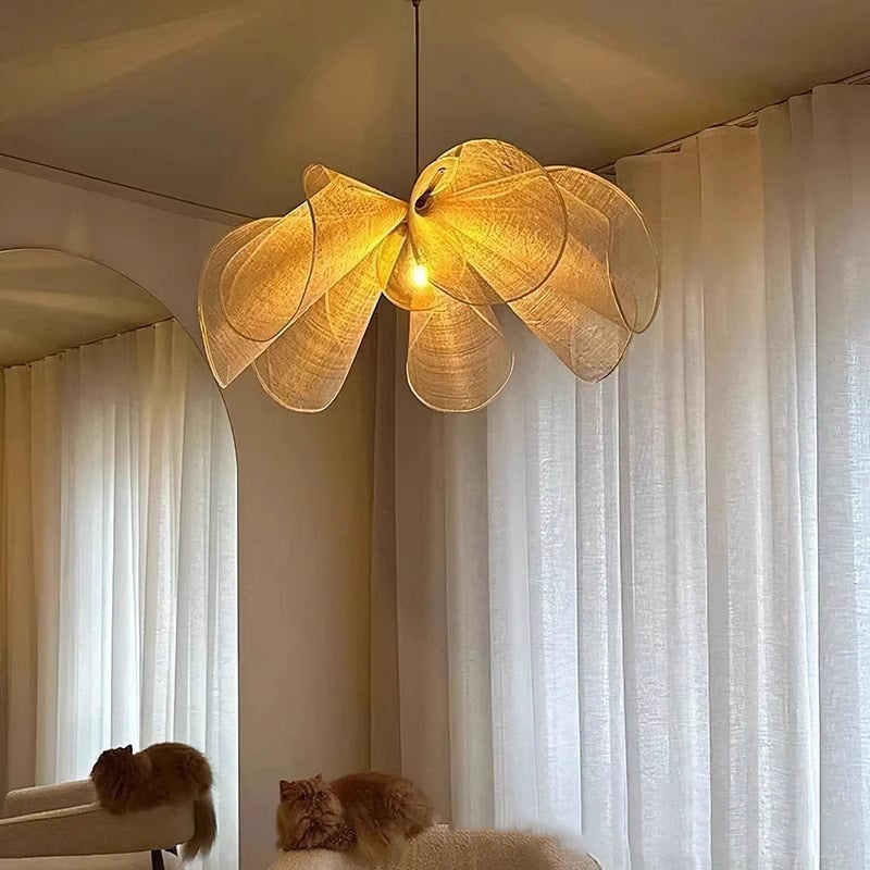 Traditional Japanese Fabric Petal Shade 1-Light Pendant Light For Living Room