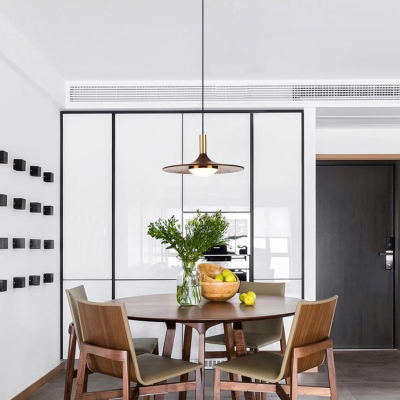 Traditional Japanese Flying Saucer Black Walnut Wood Copper Acrylic LED Pendant Light For Living Room
